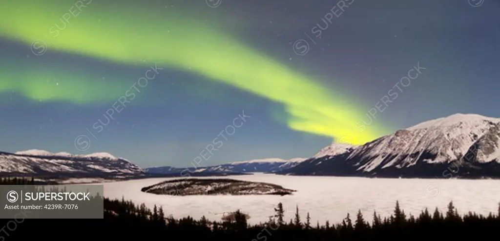 Aurora borealis over Bove Island, Windy Arm, Carcross, Yukon, Canada.