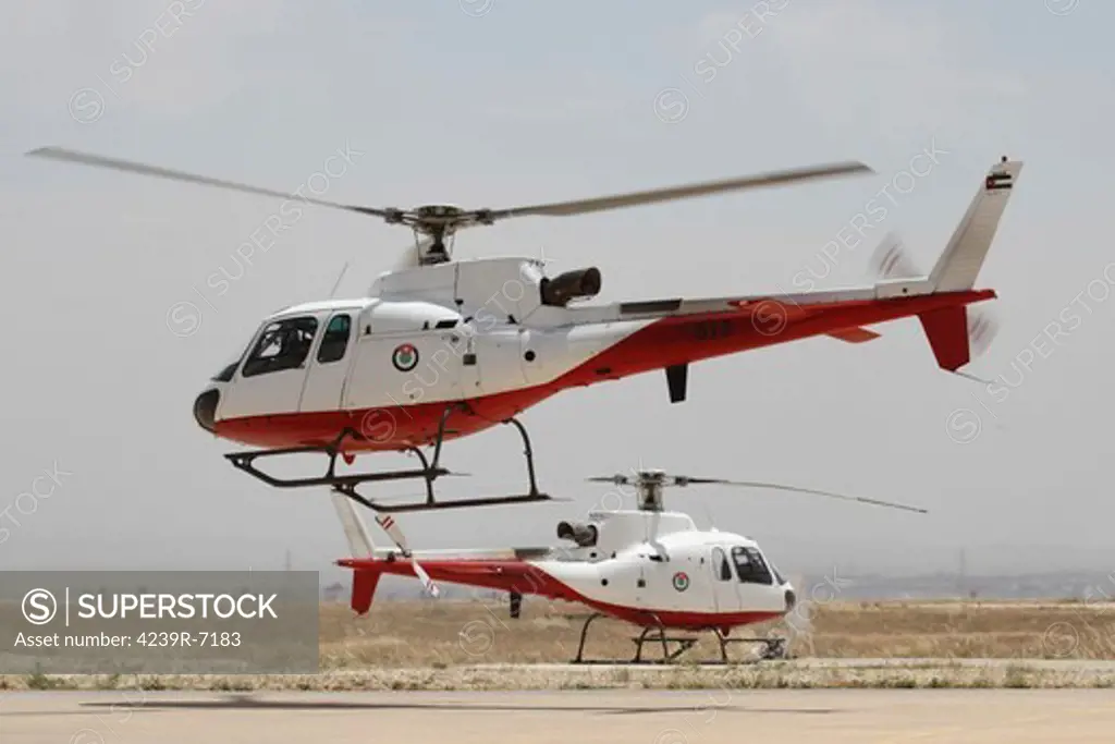 A pair of AS350 Squirrel helicopters of the Royal Jordanian Air Force during flight at Mafraq Air Force Base, Jordan.