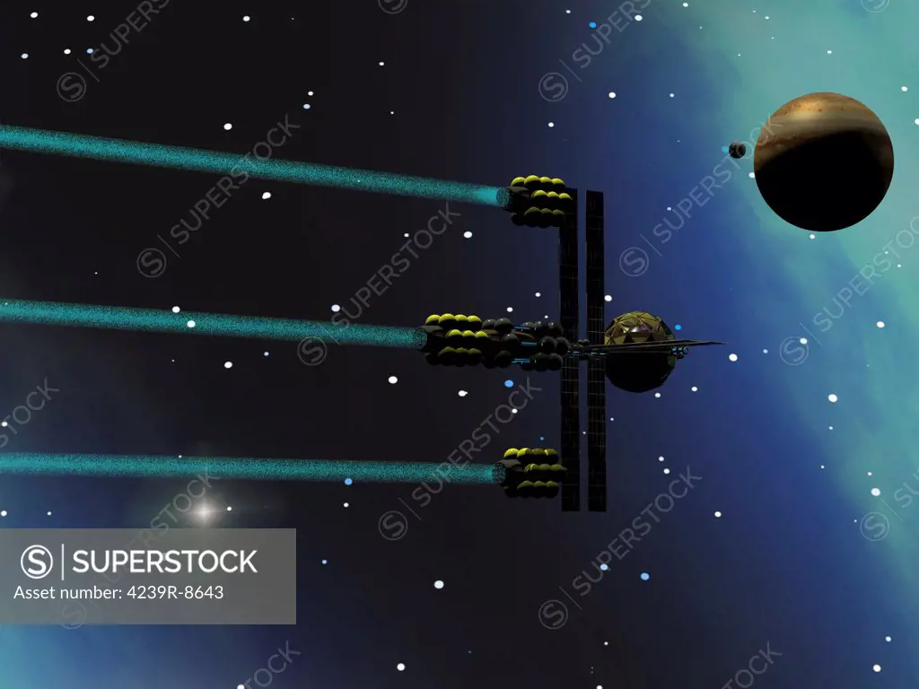 A starship from Earth with ion drive propulsion explores the cosmos.