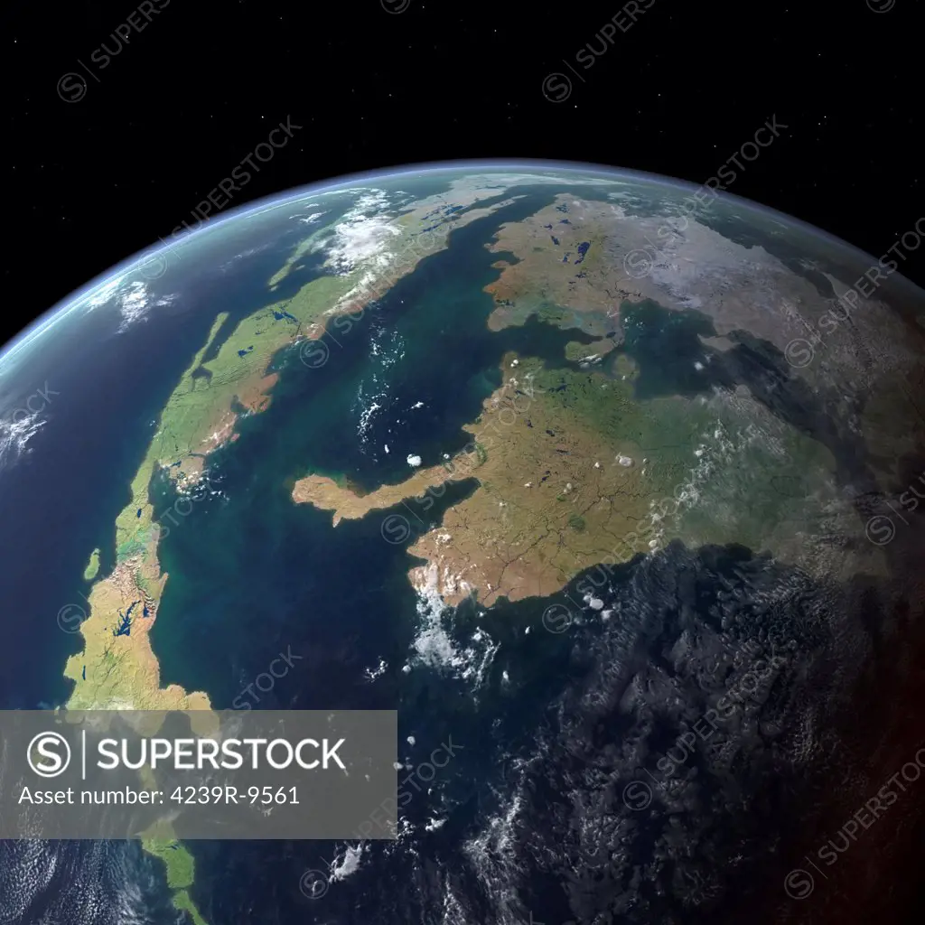 This is how the Western Interior Seaway may have appeared 75 million years ago from Earth orbit. This large inland sea once divided the North American continent into two landmasses, Laramidia to the west and Appalachia to the east. Branching toward the northeast is the Hudson Seaway and to the north on the horizon are the liquid polar waters of the Labrador Seaway.