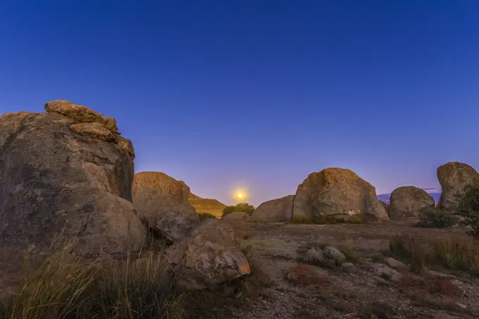 Full moonrise at City of Rocks State Park, New Mexico.