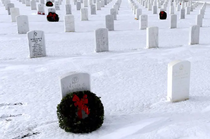 December 11, 2010 - Wreaths adorn the graves of veterans at the Black Hills National Cemetery, South Dakota. 