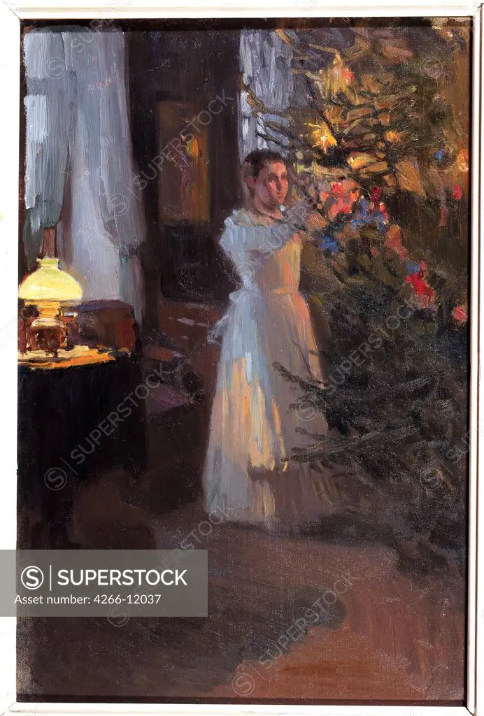 Woman decorating christmas tree by Alexei Mikhaylovich Korin, oil on canvas, 1910, 1865-1923, Russia, Siktivkar , National Art Gallery of Komi Republic, 44, 5x30