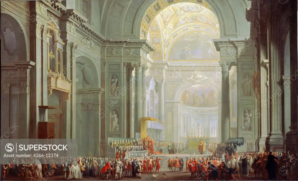 Saint Peter's Basilica by Giovanni Paolo Panini, oil on canvas , 18th century, 1691-1765, Russia, Moscow, State Museum Arkhangelskoye Estate, 106x175