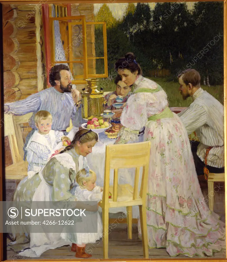 Family meal by Boris Michaylovich Kustodiev, oil on canvas, 1906, 1878-1927, Russia, Nizhny Novgorod , State Art Museum, 34x97, 5