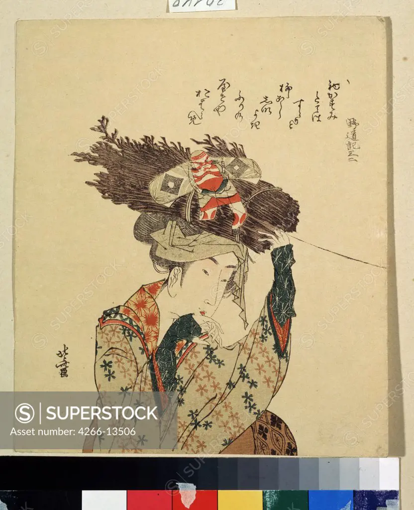 Woman holding broom over head by Katsushika Hokusai, colour woodcut, 1806-1815, 1760-1849, Russia, Moscow, State Pushkin Museum of Fine Arts, 21, 7x18, 7