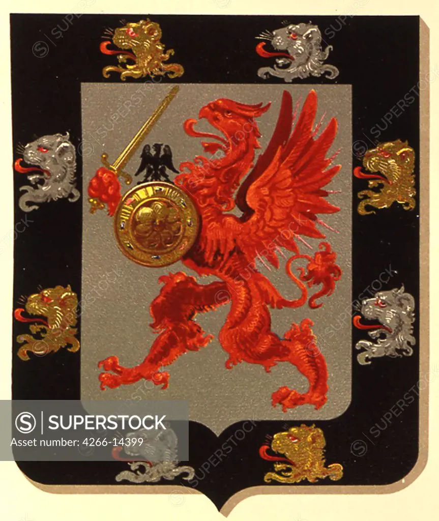 Romanov-Holstein-Gottorp dynasty coat of arms by Anonymous artist, Color lithograph, Russia, Moscow, State Library,