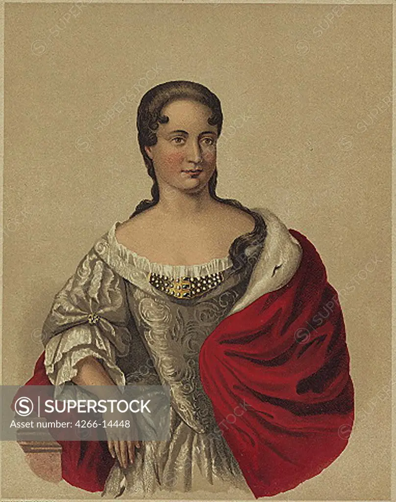 Portrait of Tsarina Praskovia Saltykova by anonymous artist, Color lithograph, 17th century, Russia, Moscow, Russian State Library,