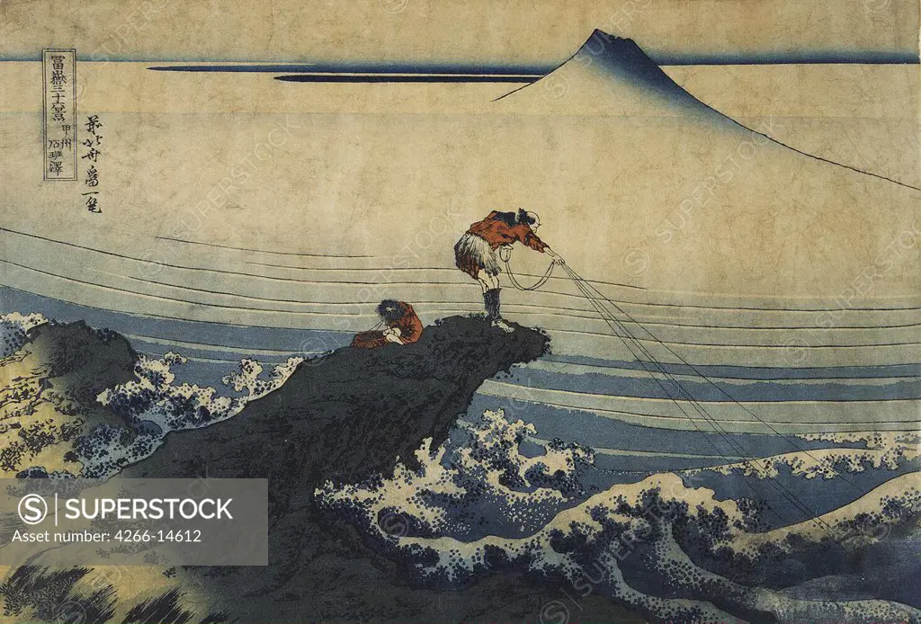 Fisherman on lake cliff by Katsushika Hokusai, colour woodcut, 1827-1830, 1760-1849, Russia, St Petersburg, State Hermitage, 26x38