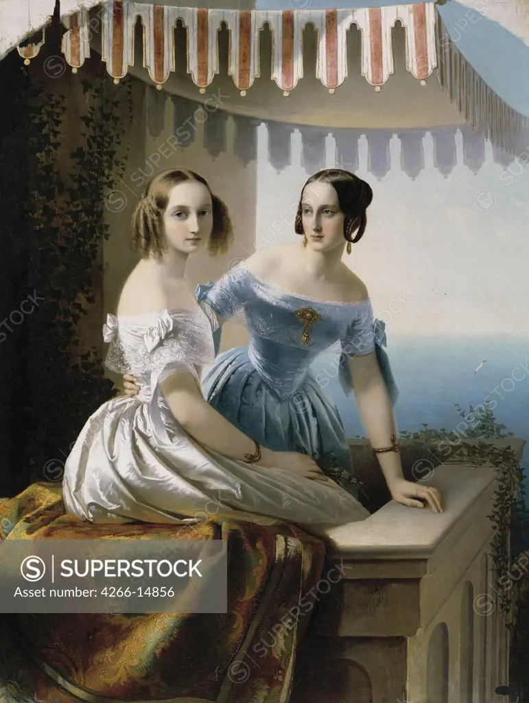 Portrait of Grand Duchess Maria Nikolaevna and Grand Duchess Olga Nikolaevna by Timofei Andreyevich Neff, oil on canvas, 1838, 1805-1876, Russia, St. Petersburg, State Russian Museum, 133x103