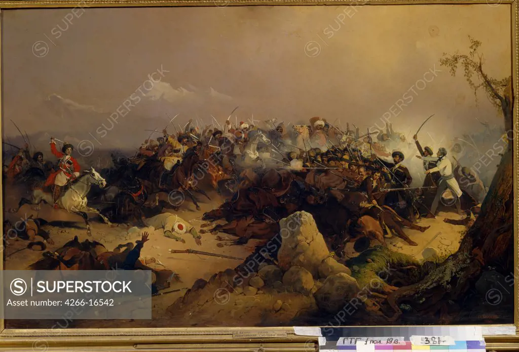 Koenig, David Johann-Friedrich (1825-after 1857) State Tretyakov Gallery, Moscow Painting 72x113 History  Attack of the Cherkesses on the Russian cavalry on May 24, 1846