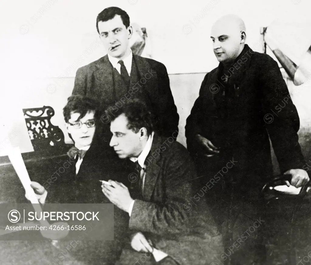 Dmitri Shostakovich, Vladimir Mayakovsky, Vsevolod Meyerhold and Alexander Rodchenko by Temerin, Alexei Alexeevich (1889-1977)/The State Central A. Bakhrushin Theatre Museum, Moscow/1929/Photograph/Russia/Opera, Ballet, Theatre,Portrait,Genre