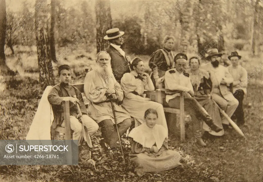 Leo Tolstoy with Guests in Yasnaya Polyana (second from right composer Sergei Taneyev) by Tolstaya, Sophia Andreevna (1844-1919)/State Museum The Tolstoy's Estate Yasnaya Polyana/1895/Albumin Photo/Russia/Portrait,Genre