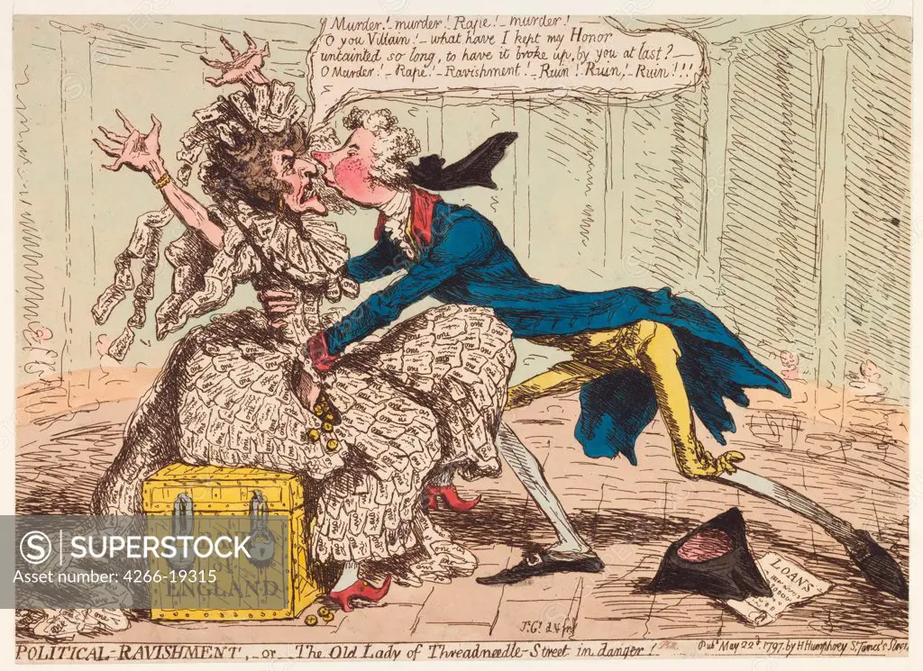 Political Ravishment, or the Old Lady of Threadneedle Street in Danger! by Gillray, James (1757-1815)/ Private Collection/ 1797/ England/ Etching, watercolour/ Caricature/ 24,8x34/ Genre