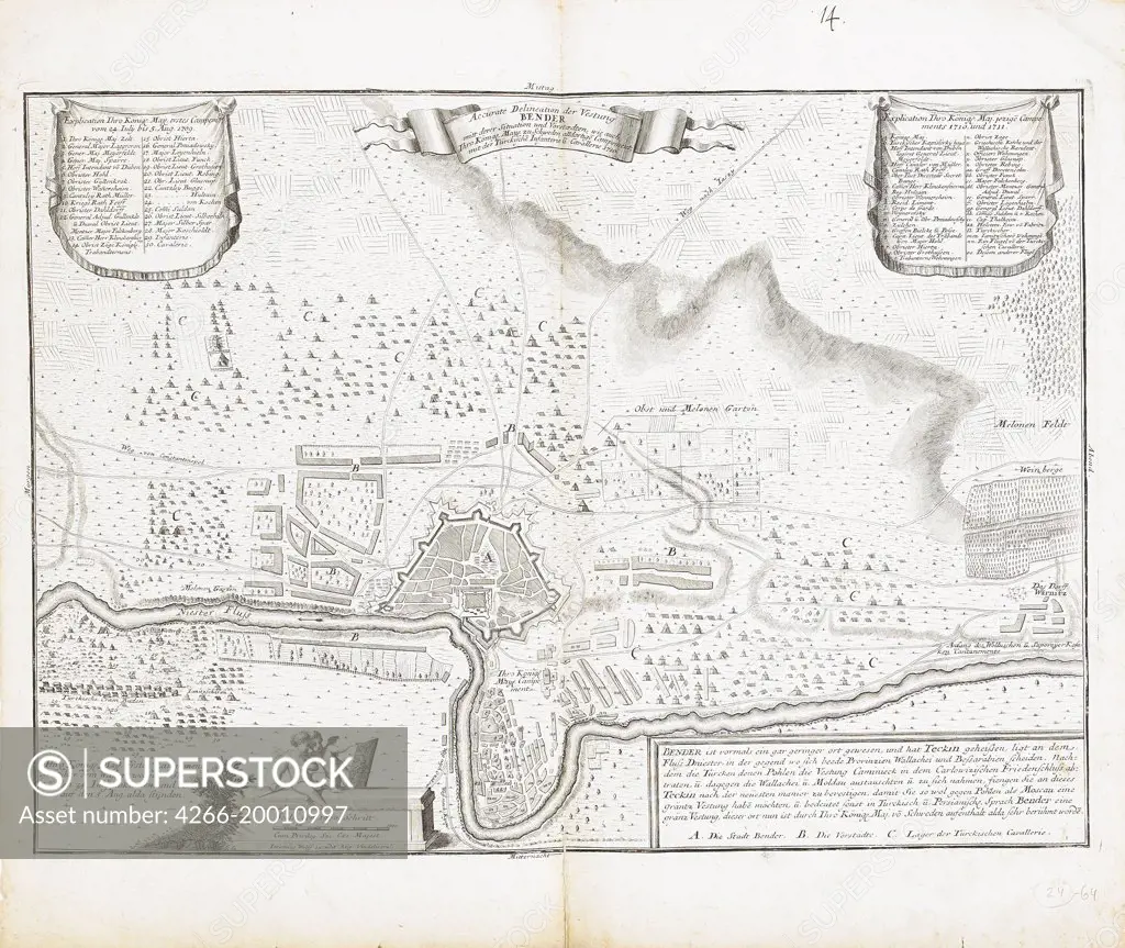 Map of the fortress of Bender by Wolff, Jeremias (1663-1724) / Private Collection / 1711 / Germany / Etching / History / 40,5x45 / Cartography