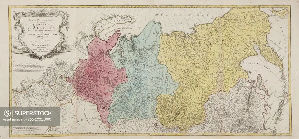 Map of the Russian Empire by Lotter, Tobias Conrad (1717-1777) / Private Collection / 1760 / Germany / Etching, watercolour / History / 50x111 / Cartography