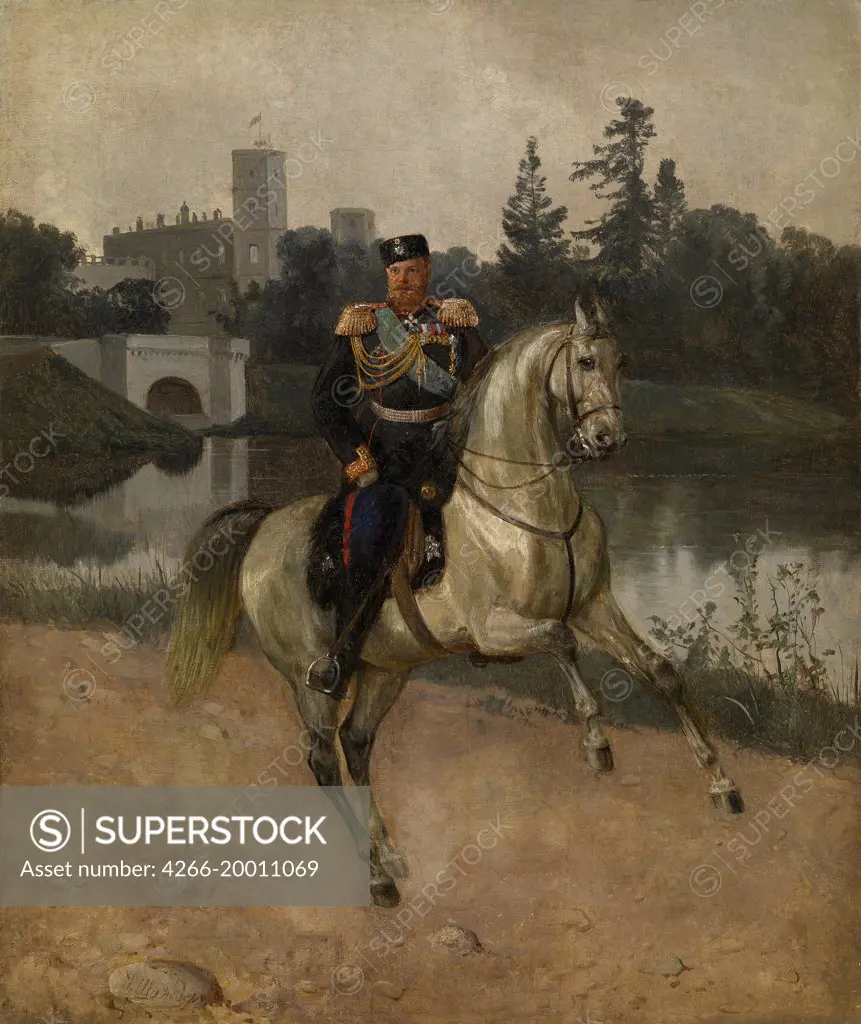 Equestrian portrait of the Emperor Alexander III (1845-1894) at Gatchina by Schilder, Nikolai Gustavovich (1828-1898) / Private Collection / 1880s / Russia / Oil on canvas / Portrait / 60x50 / Academic art