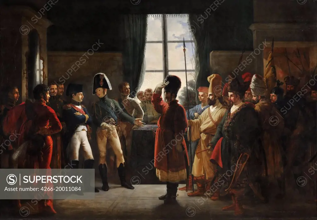 Tsar Alexander I presenting the Kalmyks, Cossacks and Bashkirs of Russian army to Napoleon I, Tilsit, July 9, 1807 by Bergeret, Pierre-Nolasque (1782-1863) / Musee de l'Histoire de France, Chateau de Versailles / 1810 / France / Oil on canvas / History /