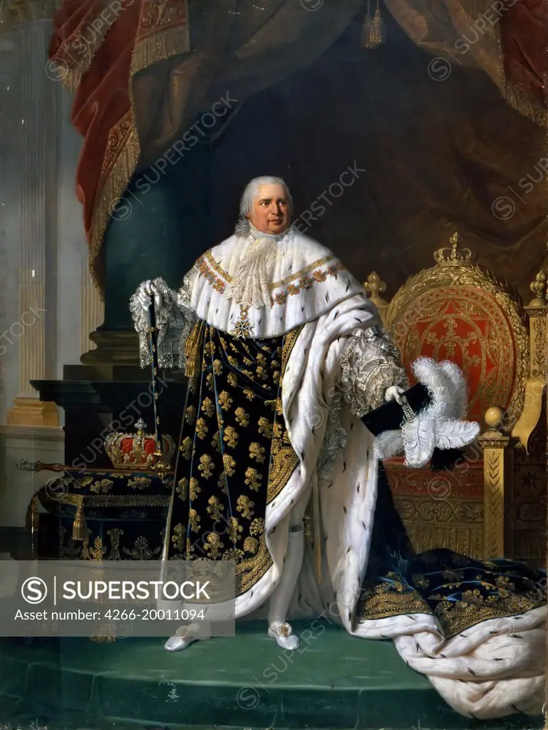 Portrait of Louis XVIII (1755-1824) in coronation robes by Lefevre, Robert (1756-1830) / Musee de l'Histoire de France, Chateau de Versailles / 1822 / France / Oil on canvas / Portrait / 295x205 / Neoclassicism