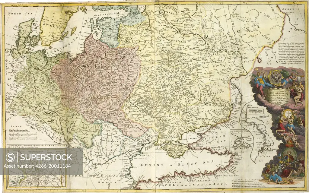 Map of Muscovy by Moll, Herman (1654-1732) / Private Collection / 1717 / Great Britain / Etching, watercolour / History / 60,5x98 / Cartography