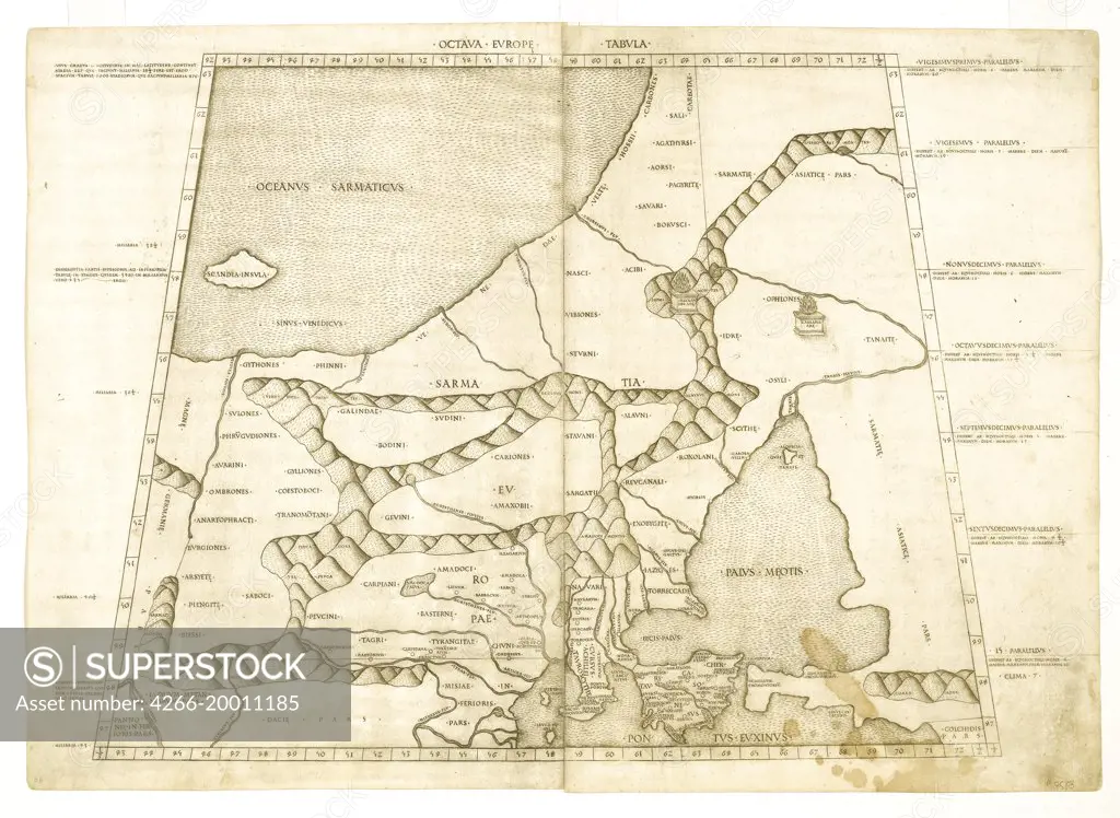 Map of Muscovy by Ptolemy (Octava Europe Tabula) by Anonymous master   / Private Collection / 1480-1490 /Woodcut / History / 36,5x47,5 / Cartography