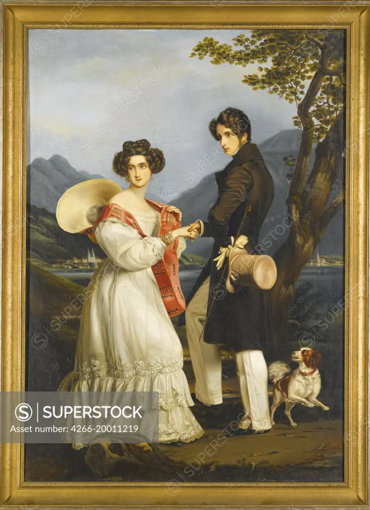 Duke Maximilian Joseph in Bavaria and Ludovika of Bavaria at Schloss Tegernsee by Stieler, Joseph Karl (1781-1858) / Private Collection /Germany / Oil on canvas / Portrait /Romanticism