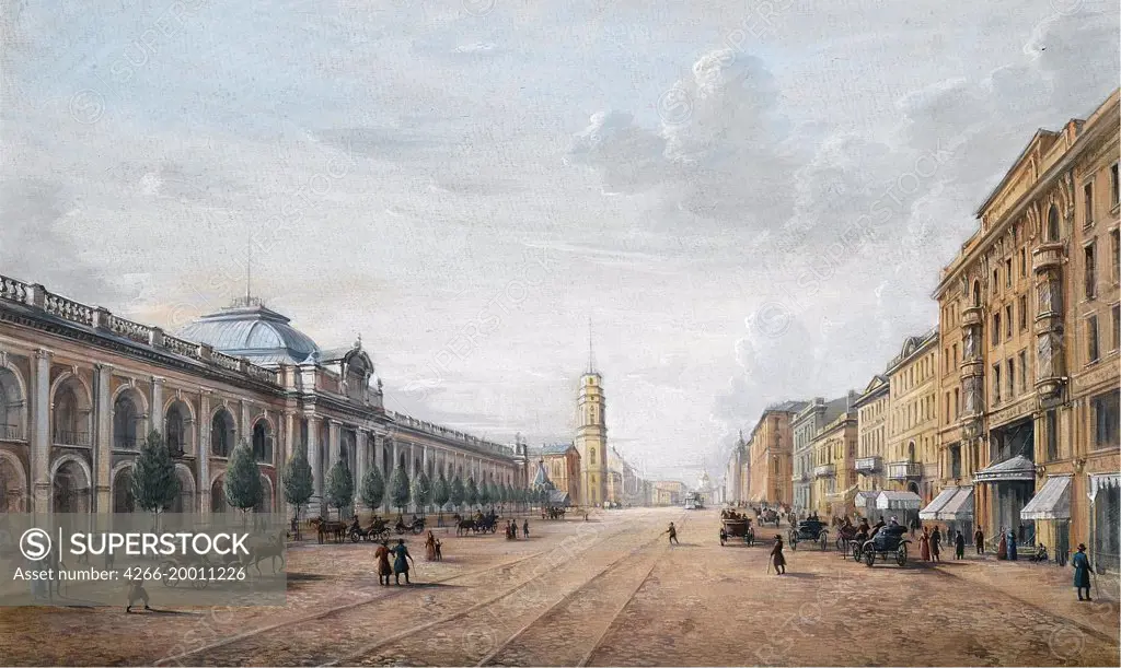 View of the Nevsky Prospekt in Saint Petersburg by Anonymous   / Private Collection / Early 19th cen. / Russia / Watercolour, Gouache on Paper / Architecture, Interior,Landscape / 22,5x42 / Romanticism