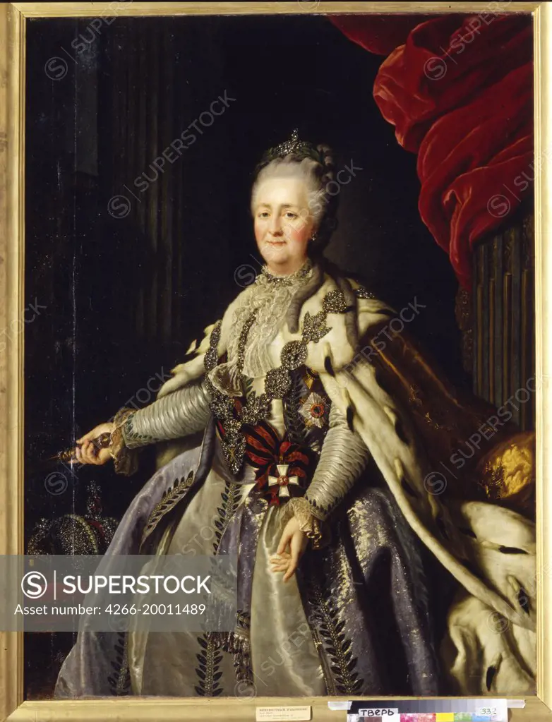 Portrait of Empress Catherine II (1729-1796) by Anonymous   / Regional Art Gallery, Tver / Second Half of the 18th cen. / Russia / Oil on canvas / Portrait / 153x115 / Russian Art of 18th cen.