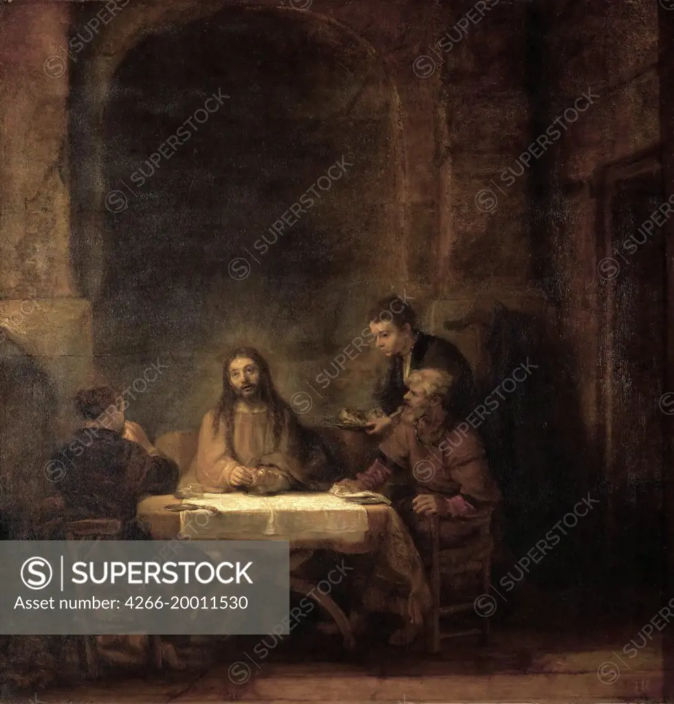 The Supper at Emmaus by Rembrandt van Rhijn (1606-1669) / Louvre, Paris / 1648 / Holland / Oil on wood / Bible / 68x65 / Baroque