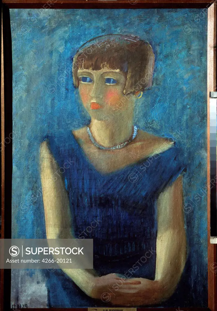 A girl in Blue by Pakhomov, Alexei Fyodorovich (1900-1973)/ State Russian Museum, St. Petersburg/ 1929/ Russia/ Oil on canvas/ Modern/ 79,5x52/ Portrait