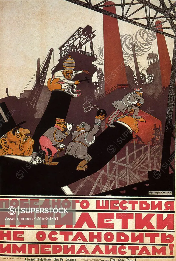 Imperialists can not stop the triumphal march of the Five-Year Plan! by Eliseev, Konstantin Stepanovich (1890-1968)/ Russian State Library, Moscow/ 1930/ Russia/ Colour lithograph/ Soviet political agitation art/ 104x70,5/ History,Poster and Graphic desi