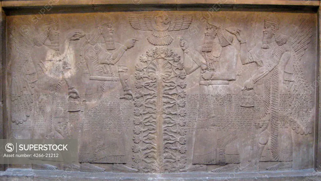 Relief with two figures of Ashurnasirpal, winged mythological beings and the god Ashur, before the Tree of Life by Assyrian Art  / British Museum, London/ 885-860 BC/ Limestone/ The Oriental Arts/ Objects