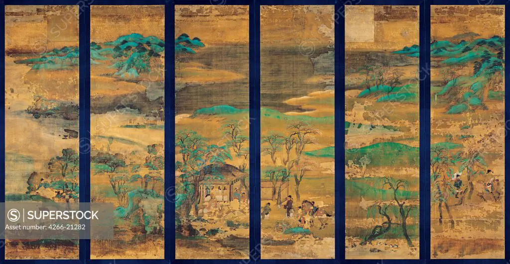 Landscape screen by Anonymous  / National Museum Kyoto/ 11th-12th century/ Japan/ Gouache on silk/ The Oriental Arts/ 146,4x42,7/ Landscape,Genre