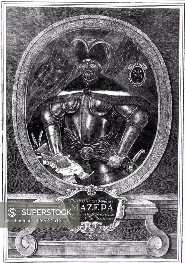 Portrait of the Hetman Ivan Mazepa (1639-1709) by Anonymous  / Private Collection/ 1709/ Copper engraving/ Baroque/ Portrait