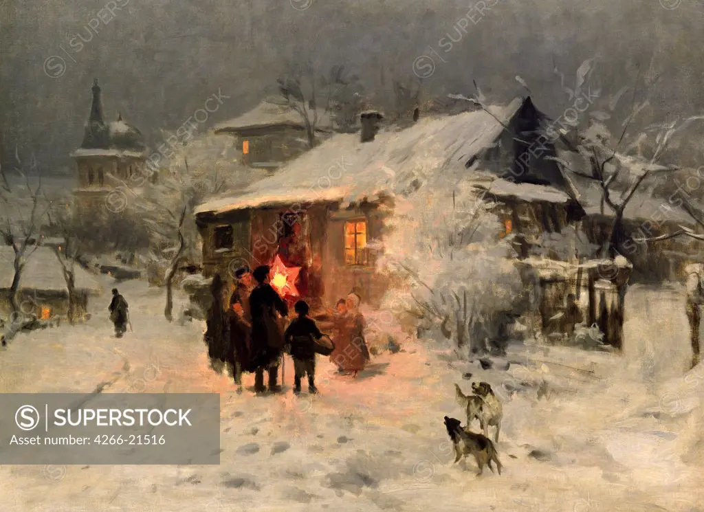 The Christmas carol in the Ukraine by Pimonenko, Nikolai Kornilovich (1862-1912)/ Regional Art Museum, Kherson/ Ukraine/ Oil on canvas/ Realism/ 27,2x 23,1/ Genre