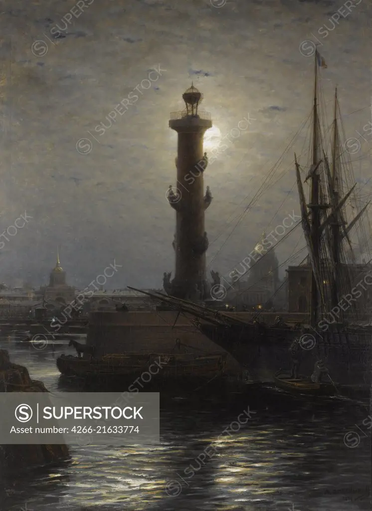 The Rostral Column near the Stock Exchange in St. Petersburg, Bogolyubov, Alexei Petrovich (1824-1896)