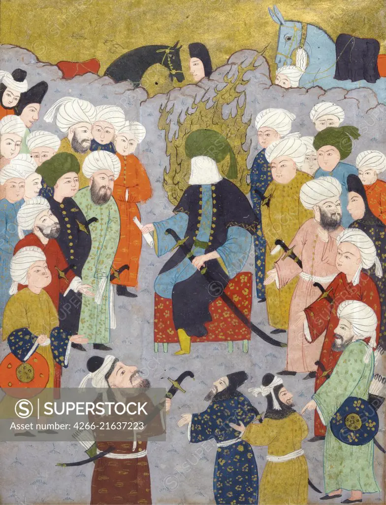 Imam Ali (Ali ibn Abi Talib) and his Council. Miniature from "The Garden of Pleasures" by Fazuli, Anonymous  