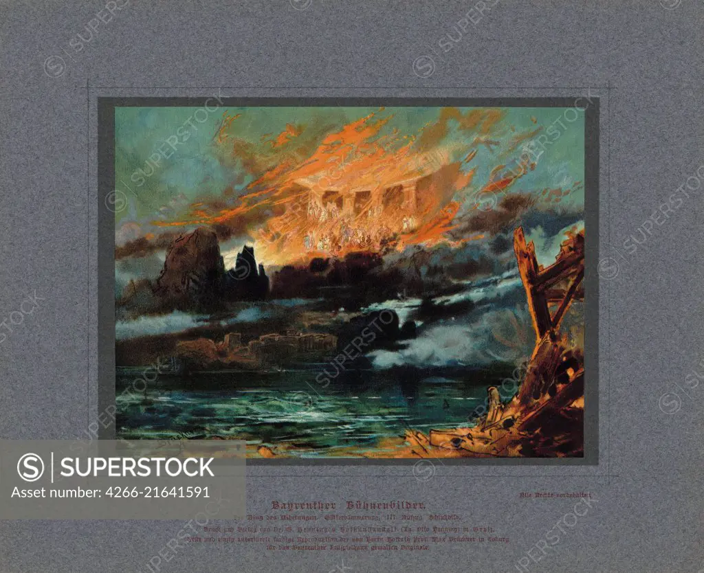 Valhalla on fire. Stage design for the opera Twilight of the Gods by Richard Wagner, Brückner, Max (Maximilian) (1836-1919)