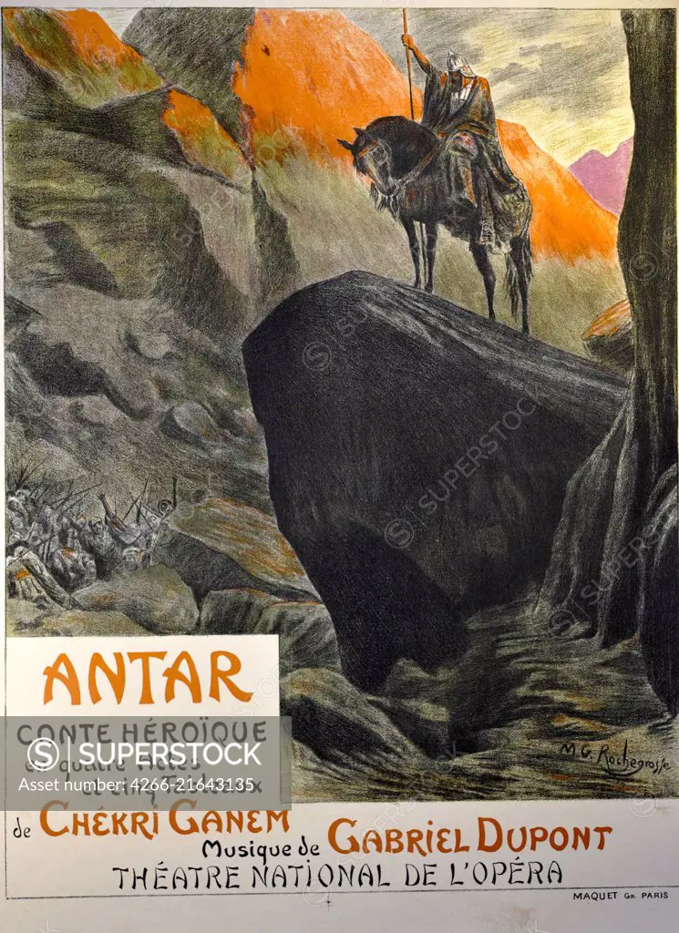 Premiere Poster for the opera "Antar" by Gabriel Dupont at the Thétre national de l'Opéra, March 1921, Rochegrosse, Georges Antoine (1859-1938)