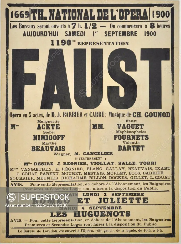 Poster for the Opera "Faust" by Charles Gounod at the Thétre national de l'Opéra, September 1900, Anonymous  