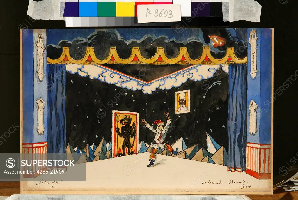 Stage design for the ballet Petrushka by I. Stravinsky by Benois, Alexander Nikolayevich (1870-1960)/ State Tretyakov Gallery, Moscow/ 1950/ Russia/ Pen, brush, watercolour, ink and white colour on paper/ Theatrical scenic painting/ 20x30/ Opera, Ballet,