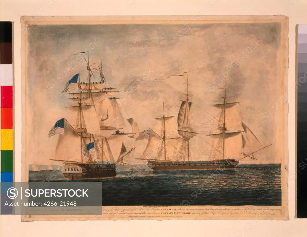 HMS Shannon captures USS Chesapeake, 1 June 1813 by Dodd, Robert (1748-1815)/ Private Collection/ 1813/ England/ Lithograph, watercolour/ Classicism/ History