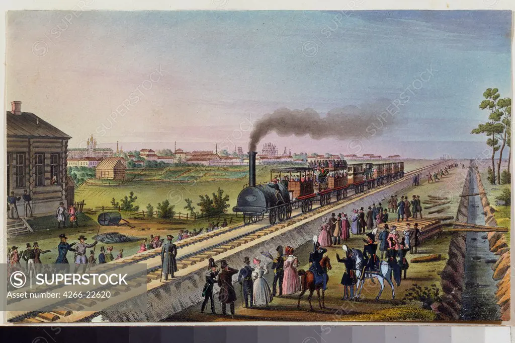 Arrival of the first train from St. Petersburg to Tsarskoye Selo on 30 October 1837 by Russian master  / State Open-air Museum Peterhof, St. Petersburg/ 1837/ Russia/ Watercolour on paper/ Russian Painting of 19th cen./ Genre,History