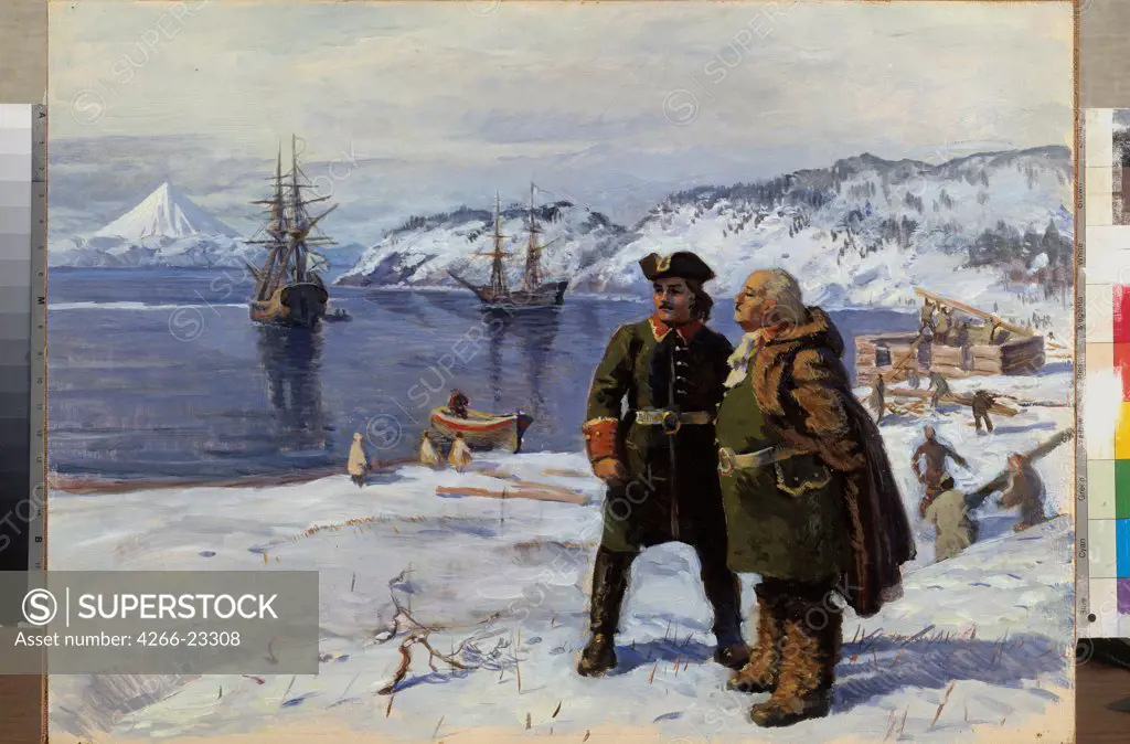 Vitus Bering und Alexei Chirikov in Petropavlovsk in 1741 by Pshenichny, Igor Pavlovich (*1938)/ State Central Navy Museum, St. Petersburg/ 1989/ Russia/ Oil on cardboard/ Soviet Art/ 51x72/ History