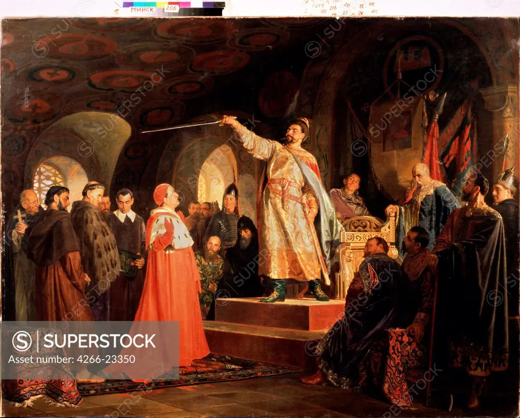 Prince Roman of Halych-Volhynia received the ambassadors of Pope Innocent III by Nevrev, Nikolai Vasilyevich (1830-1904)/ National Art Museum of Belorussian Republik, Minsk/ 1875/ Russia/ Oil on canvas/ Russian Painting of 19th cen./ 136x178,5/ Genre