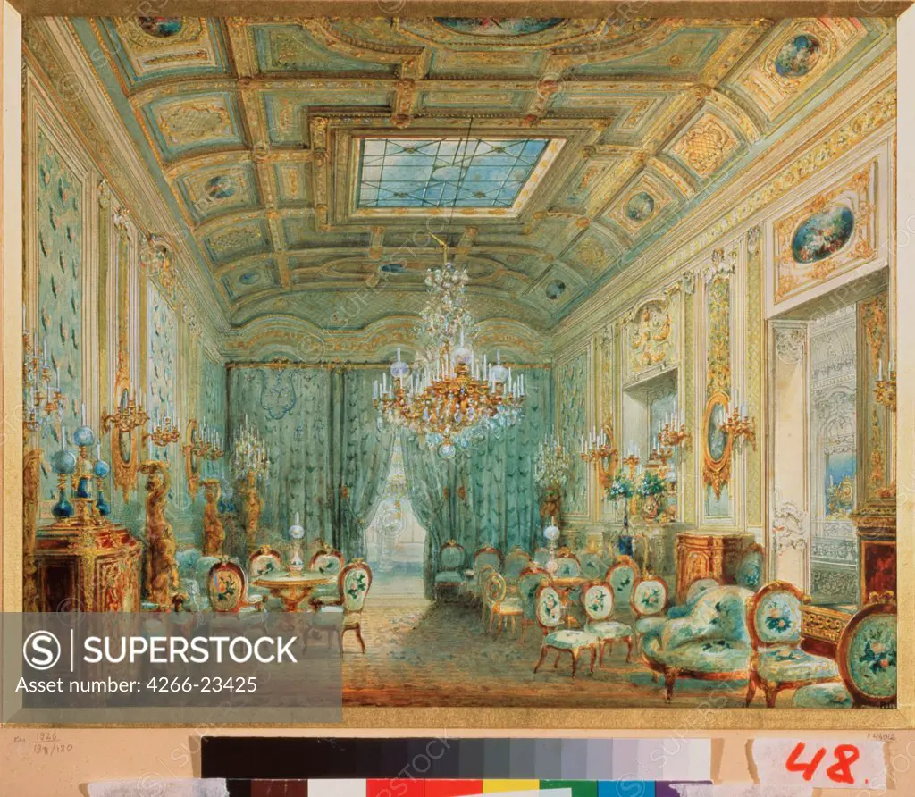 The living room with Pastels by Sadovnikov, Vasily Semyonovich (1800-1879)/ State Russian Museum, St. Petersburg/ Russia/ Watercolour on paper/ Russian Painting of 19th cen./ 28,2x35/ Architecture, Interior