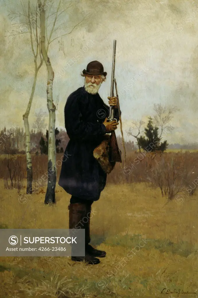 Portrait of the author Ivan S. Turgenev (1818-1883) hunting by Dmitriev-Orenburgsky, Nikolai Dmitrievich (1837-1898)/ Institut of Russian Literature IRLI (Pushkin-House), St Petersburg/ 1879/ Russia/ Oil on canvas/ Russian Painting of 19th cen./ Portrait