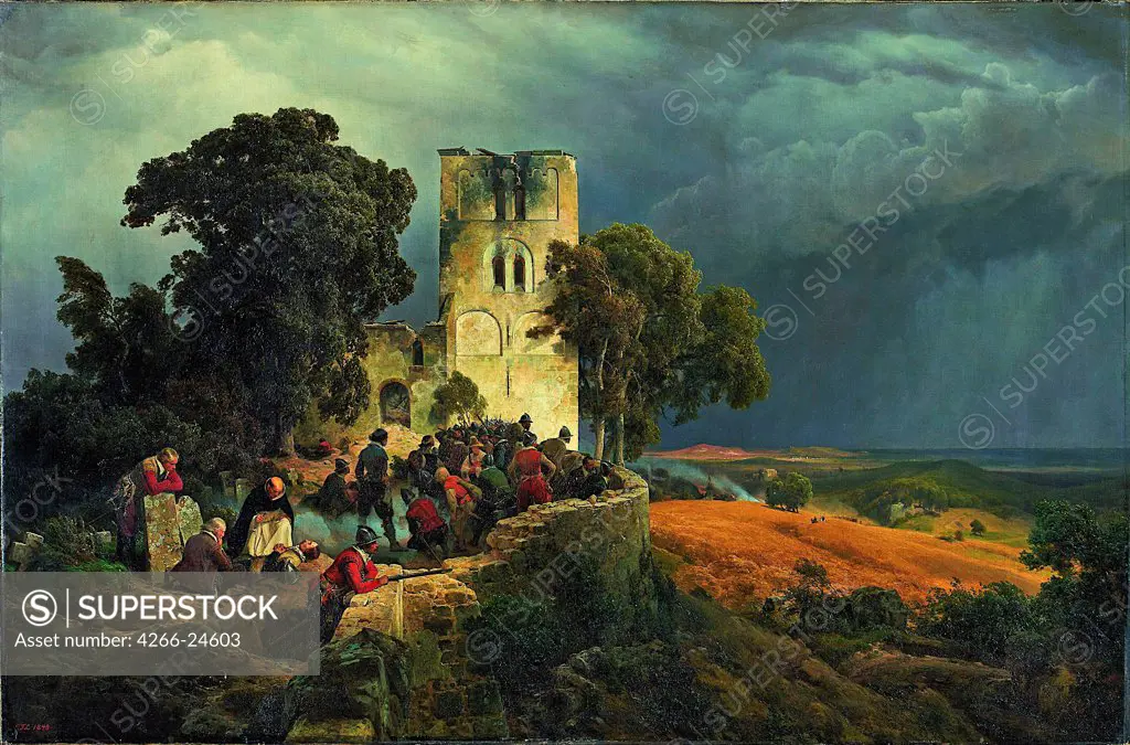 The Siege (Defense of a Church Courtyard During the Thirty YearsÕ War) by Lessing, Carl Friedrich (1808-1880) Museum Kunstpalast, Dusseldorf 1848 Oil on canvas 116,5x177 Germany, Dusseldorf School Romanticism Landscape,Genre,History Painting