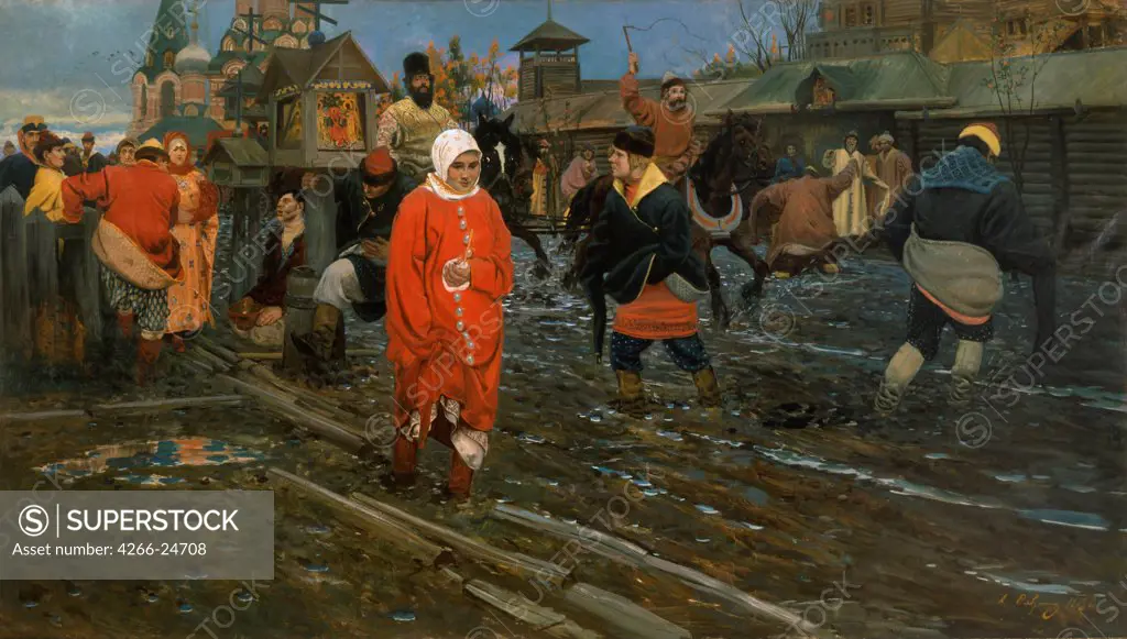 Seventeenth-Century Moscow Street on a Public Holiday by Ryabushkin, Andrei Petrovich (1861-1904) State Russian Museum, St. Petersburg 1895 Oil on canvas 204x390 Russia History painting Genre,History Painting