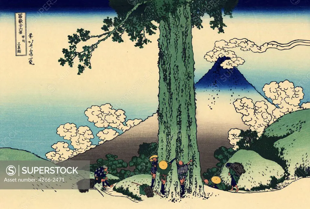 Men climbing on tree by Katsushika Hokusai, color woodcut, 1830-1833, 1760-1849, Russia, Moscow, State A. Pushkin Museum of Fine Arts, 25x37